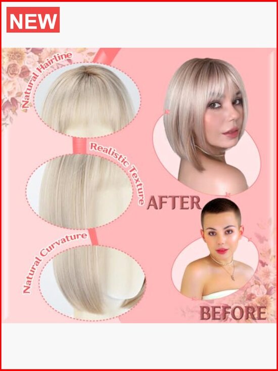 Glueless Lace Front Short Bob Wig with Bangs, Protein Synthetic Fiber, 12 Inch main image 6